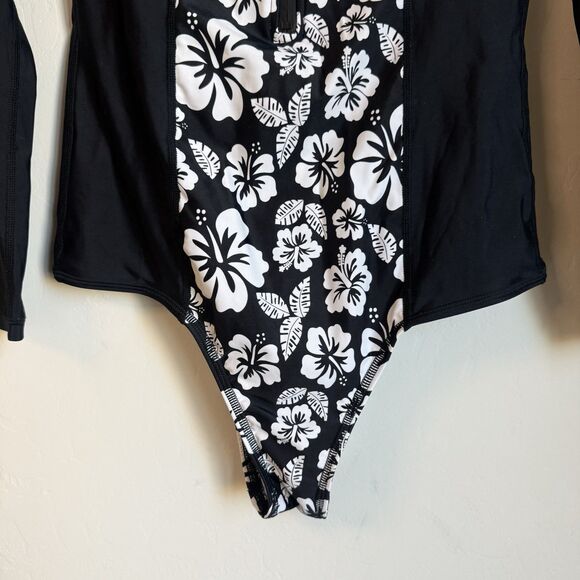 Volcom Medium Coco Hibiscus One Piece Zip Rash Guard Swim Suit Floral Cheeky - Picture 4 of 11